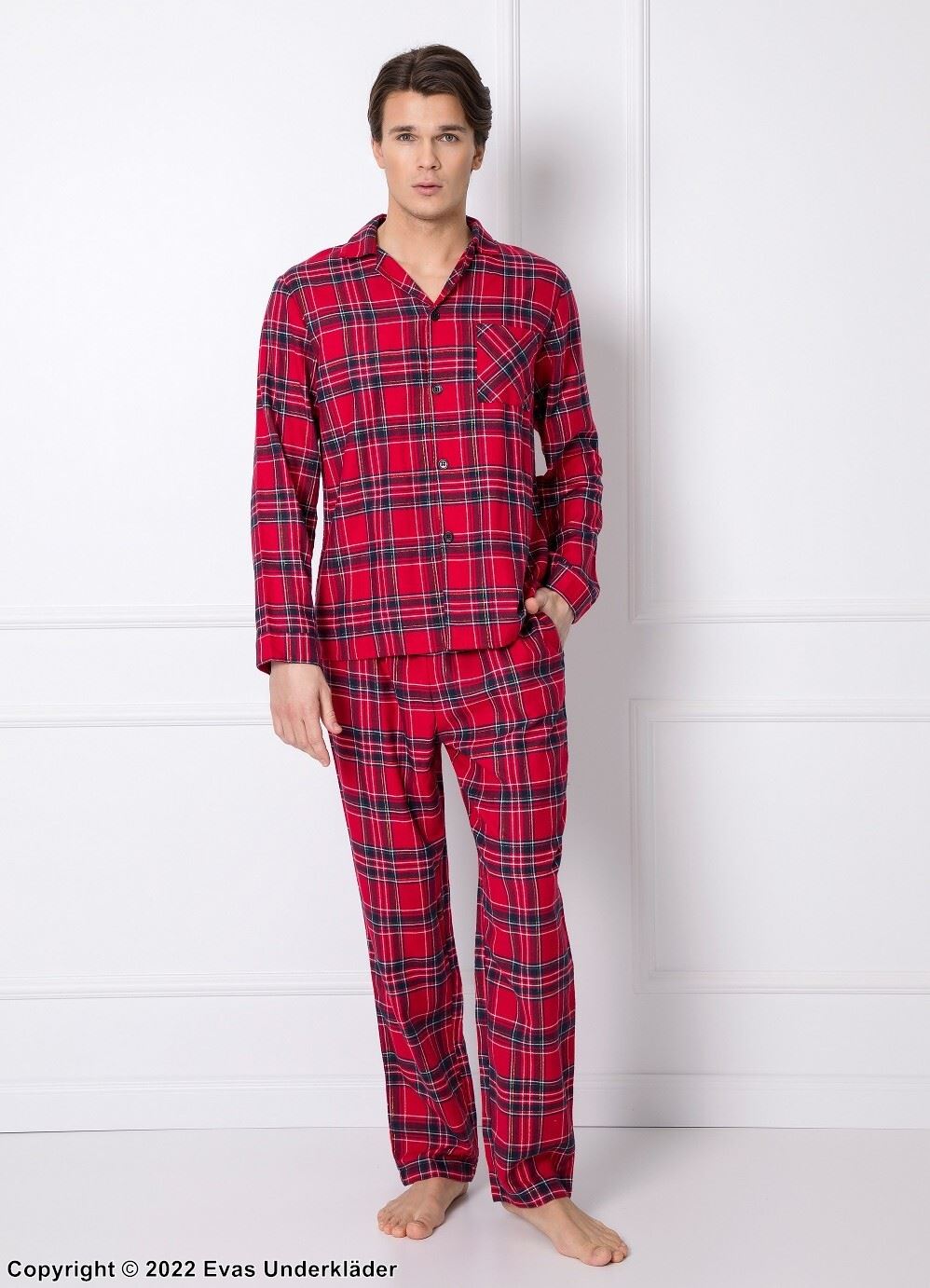 Men's top and pants pajamas, long sleeves, pocket, scott-checkered pattern